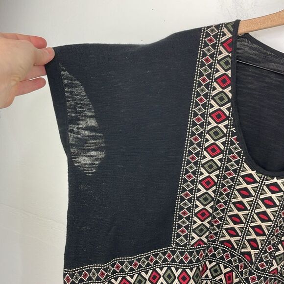 Madewell Boho Aztec Top Womens Black Short Sleeve Embroidered relaxed fit Large - Picture 9 of 13